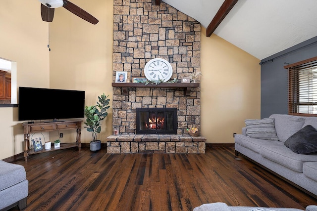 living room with beam ceiling, high vaulted ceiling, and dark hardwood / wood-style floors