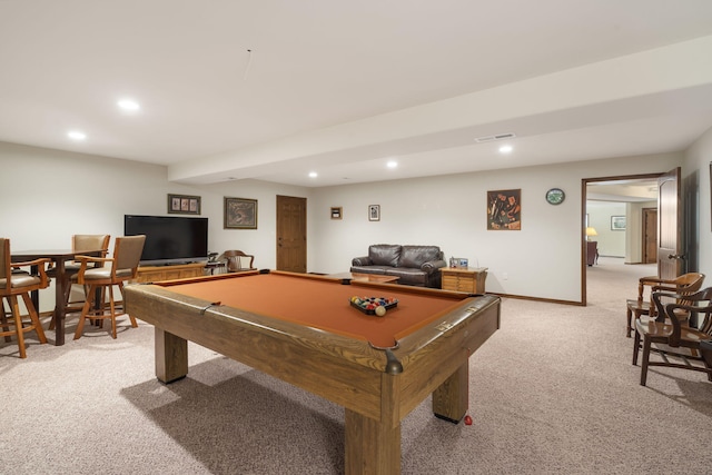 rec room with light carpet, baseboards, visible vents, and recessed lighting