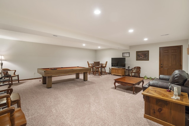 living area with light carpet, baseboards, and recessed lighting