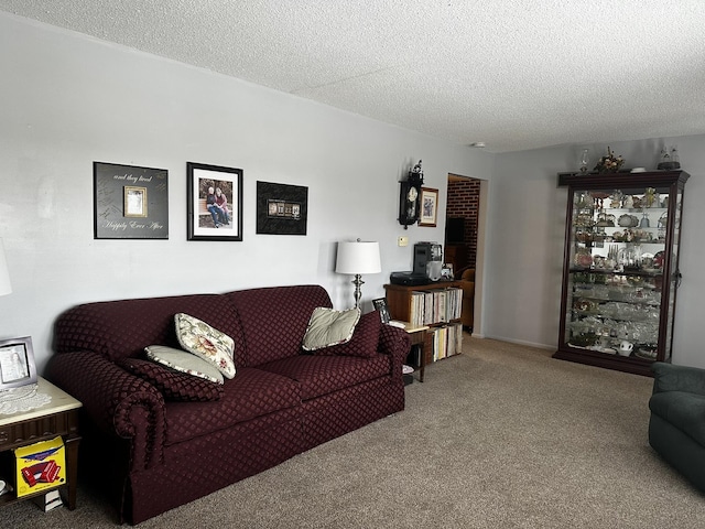 living room with carpet and a textured ceiling