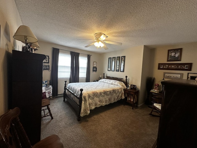 carpeted bedroom featuring ceiling fan and a textured ceiling