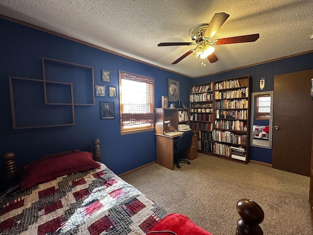 carpeted bedroom with a textured ceiling