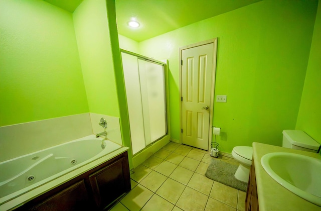 full bathroom featuring tile patterned floors, toilet, vanity, and separate shower and tub