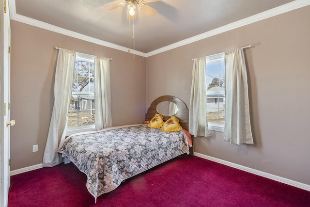 bedroom with ornamental molding, multiple windows, and baseboards