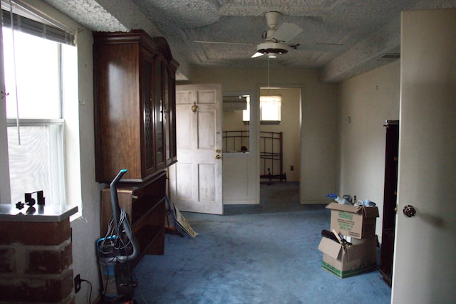 interior space with a ceiling fan, carpet flooring, and a textured ceiling