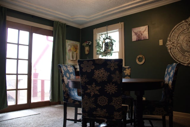 carpeted dining area with ornamental molding and a textured ceiling