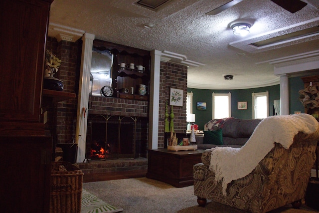 living room featuring a textured ceiling, carpet floors, ornamental molding, and a brick fireplace