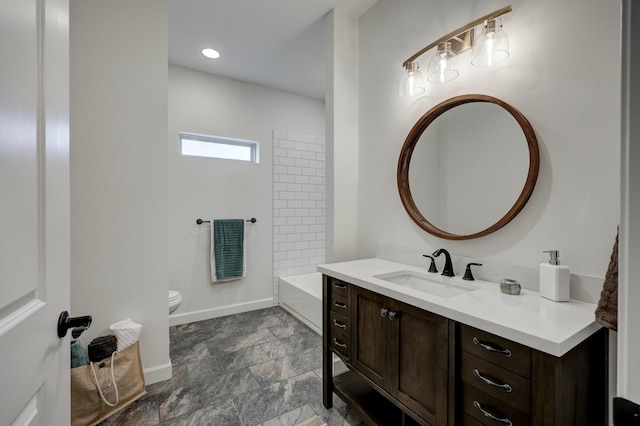 full bathroom featuring shower / bathtub combination, vanity, and toilet