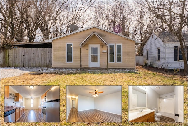 view of front of property with a sink, ceiling fan, a front lawn, and fence