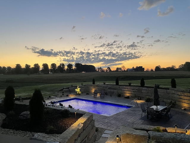 outdoor pool with a rural view, a fire pit, and a patio