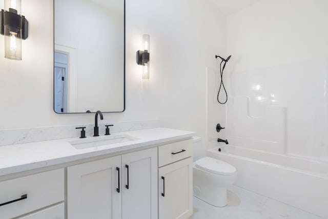 full bathroom with toilet, tub / shower combination, and vanity