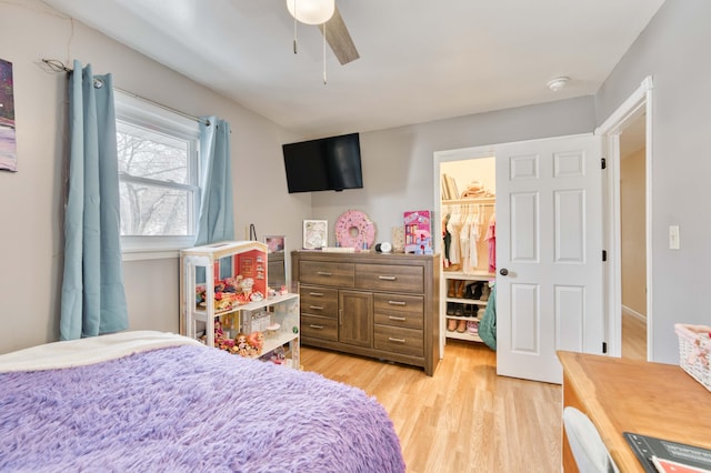 bedroom featuring light wood-style flooring, a spacious closet, a closet, and a ceiling fan