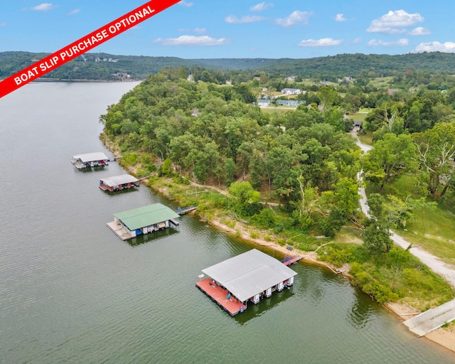 birds eye view of property featuring a water view and a wooded view