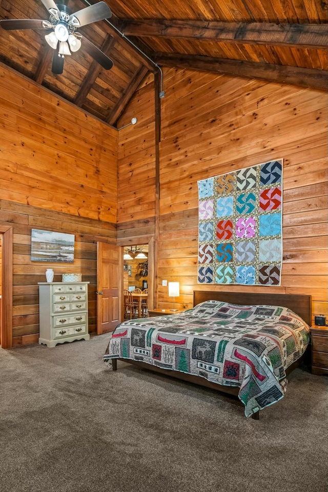 bedroom featuring carpet floors, wooden ceiling, wooden walls, and beamed ceiling