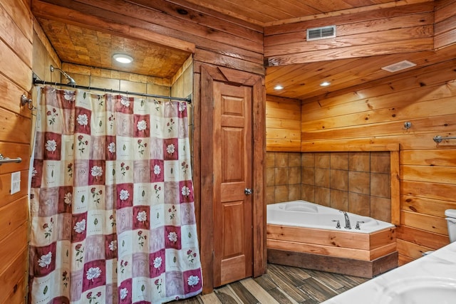 bathroom with curtained shower, wooden ceiling, wood walls, and a bath