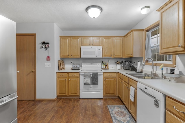 kitchen featuring light brown cabinets, white appliances, dark wood-type flooring, a sink, and light countertops