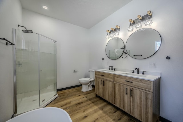 full bathroom featuring double vanity, wood finished floors, a sink, and a shower stall