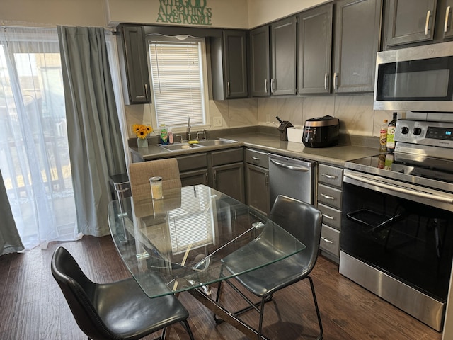 kitchen featuring stainless steel appliances, a sink, gray cabinetry, and dark wood-style floors