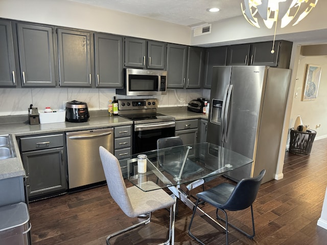 kitchen with gray cabinetry, stainless steel appliances, dark wood-type flooring, visible vents, and backsplash