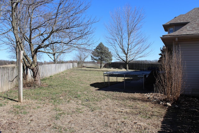 view of yard with a fenced backyard and a trampoline