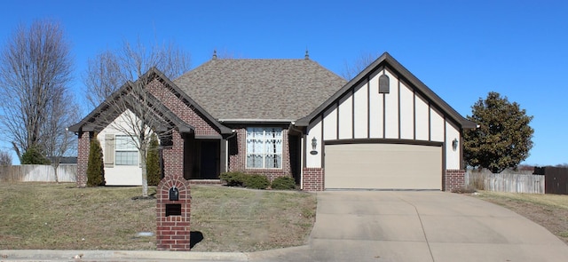 view of front of property featuring concrete driveway, brick siding, an attached garage, and fence