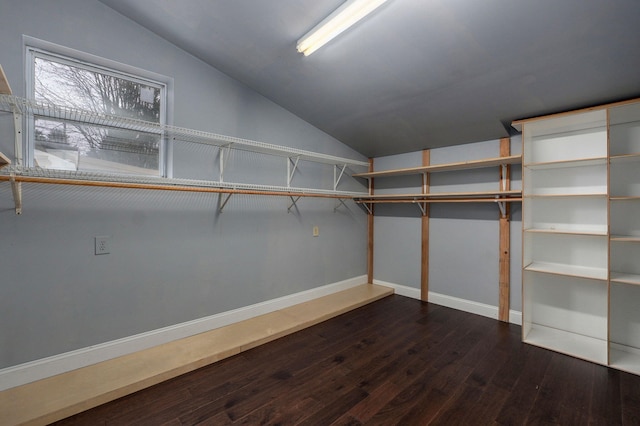 spacious closet with lofted ceiling and dark wood-style floors