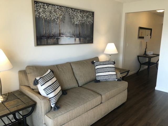 living area featuring dark wood finished floors and baseboards