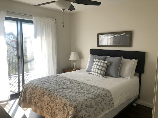 bedroom with access to outside, ceiling fan, and wood finished floors