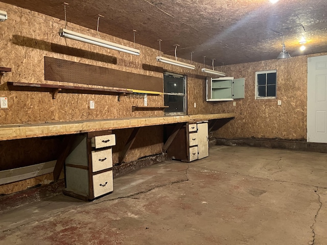 basement with a workshop area