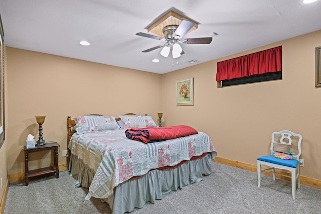 bedroom with visible vents, baseboards, ceiling fan, carpet floors, and recessed lighting