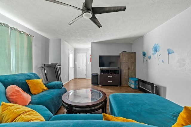 living area featuring ceiling fan, a textured ceiling, and wood finished floors