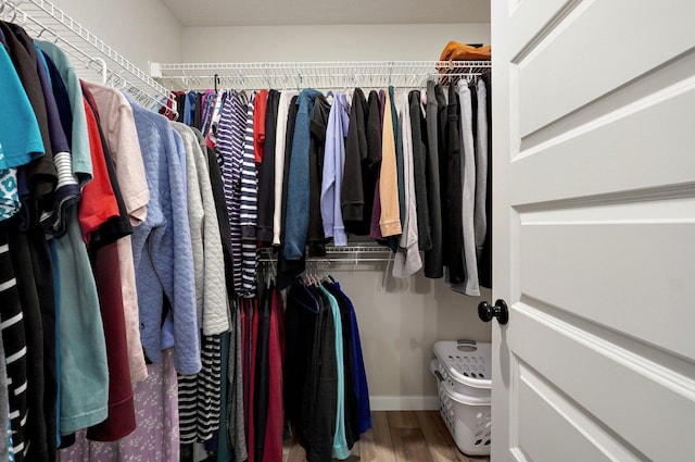 walk in closet with wood finished floors