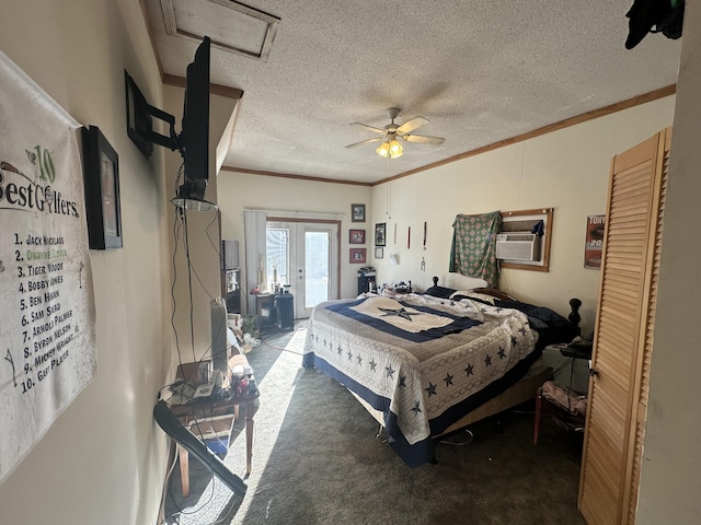 bedroom featuring access to exterior, french doors, carpet flooring, and ornamental molding