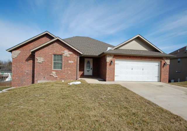 ranch-style house with brick siding, a front lawn, and an attached garage