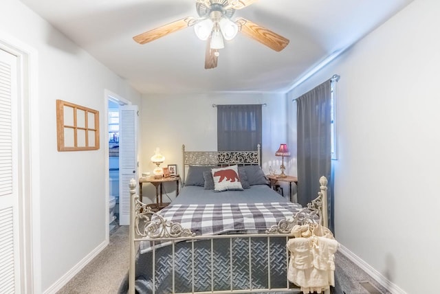 bedroom featuring carpet, a ceiling fan, and baseboards