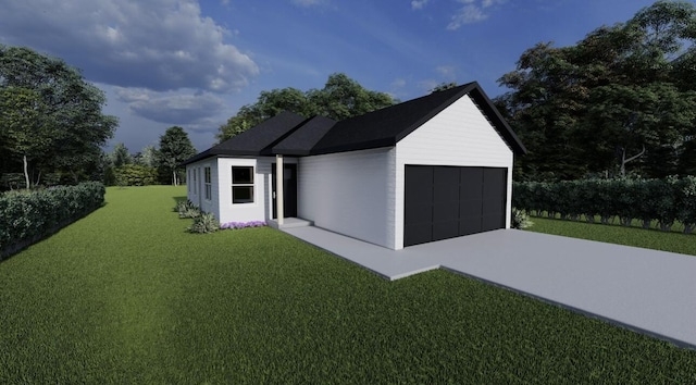 view of front of property with a garage, a front yard, and concrete driveway