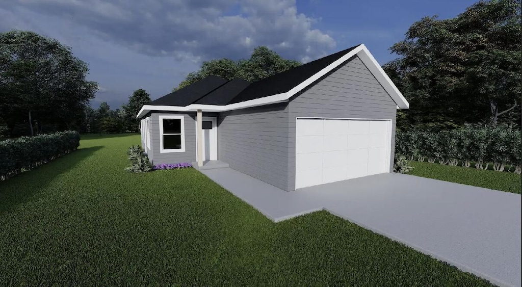 view of front of property featuring a garage, a front yard, and concrete driveway