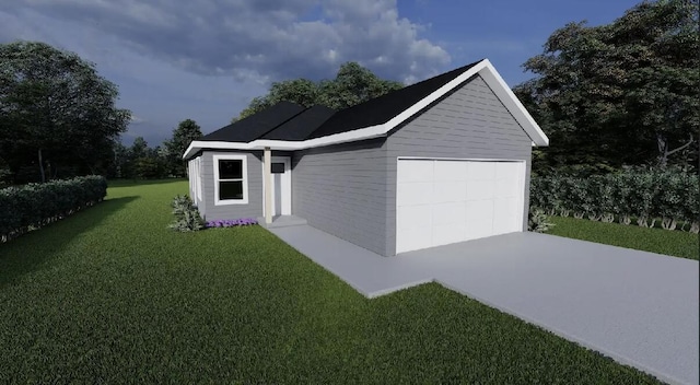 view of front of property featuring a garage, a front yard, and concrete driveway