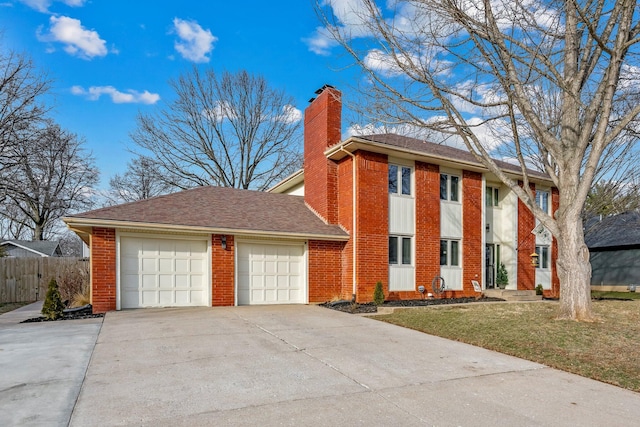 exterior space with driveway, a chimney, an attached garage, fence, and brick siding