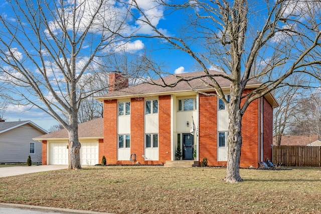 view of front of house featuring a garage, brick siding, fence, driveway, and a chimney