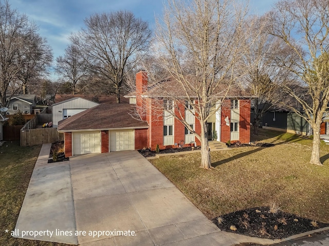 view of front facade featuring brick siding, an attached garage, fence, driveway, and a front lawn