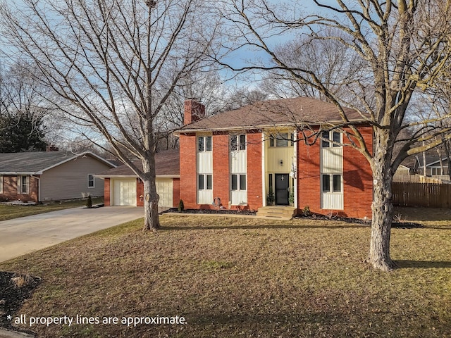 view of front of home with an attached garage, brick siding, driveway, a chimney, and a front yard