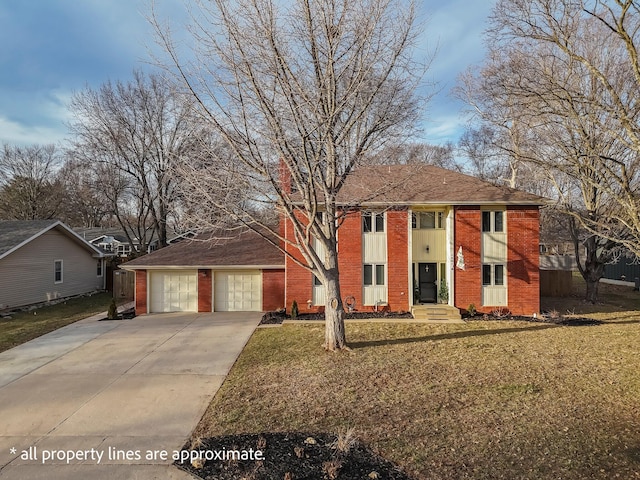 traditional home with a garage, brick siding, a chimney, and a front lawn