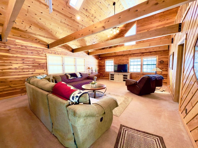 living area with lofted ceiling with skylight, wood ceiling, light carpet, and wooden walls