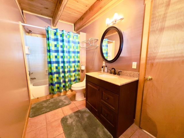 bathroom featuring wooden ceiling, beamed ceiling, tile patterned flooring, shower / bath combo with shower curtain, and vanity