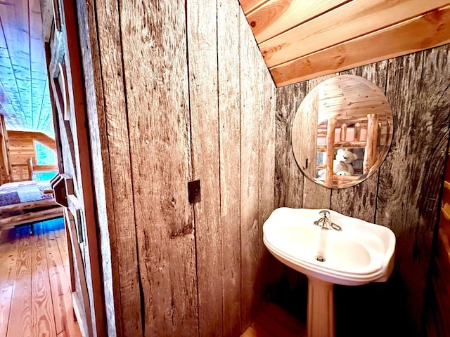 bathroom featuring wooden walls and wood finished floors