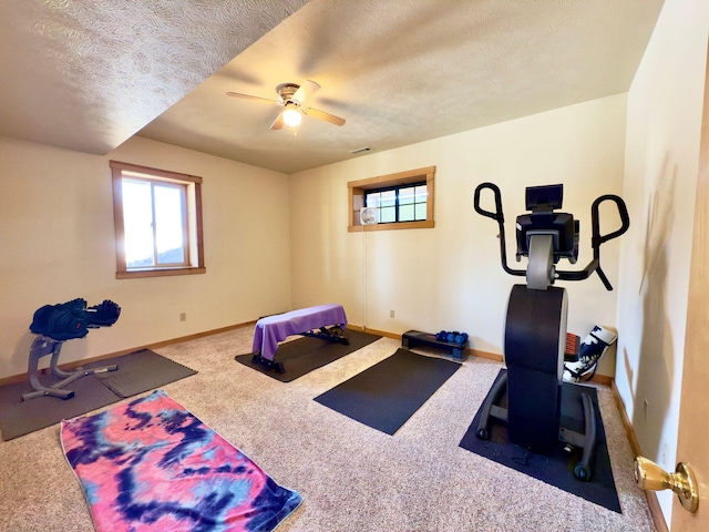 workout room featuring a textured ceiling, carpet flooring, a wealth of natural light, and baseboards