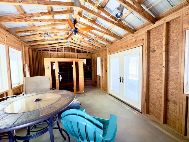 misc room with french doors, vaulted ceiling, and ceiling fan