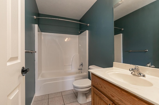 full bath featuring tile patterned flooring, tub / shower combination, vanity, and toilet