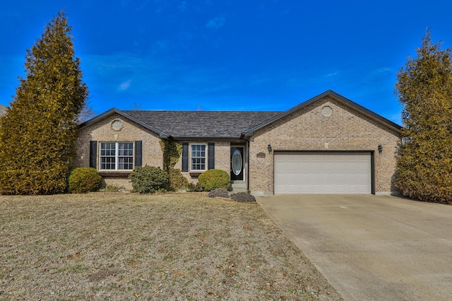 ranch-style home with a garage, driveway, brick siding, and a shingled roof